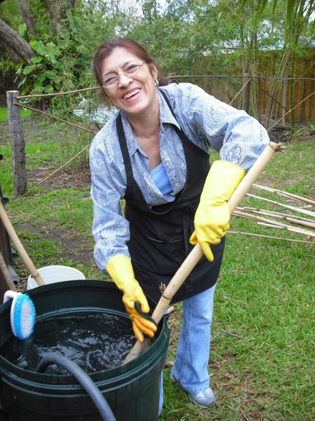 Maria washing bamboo